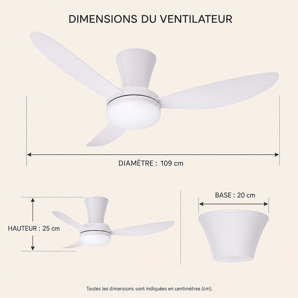 Ventilateur de Plafond Moderne 3-6 Pales - Moteur DC & LED Tricolore | Silencieux 30-34 dB