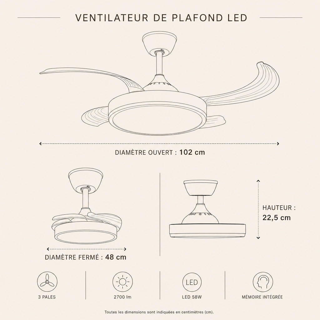 Ventilateur de Plafond Silencieux - LED Dimmable, Réversible & Profil Bas | Chambre et Salon