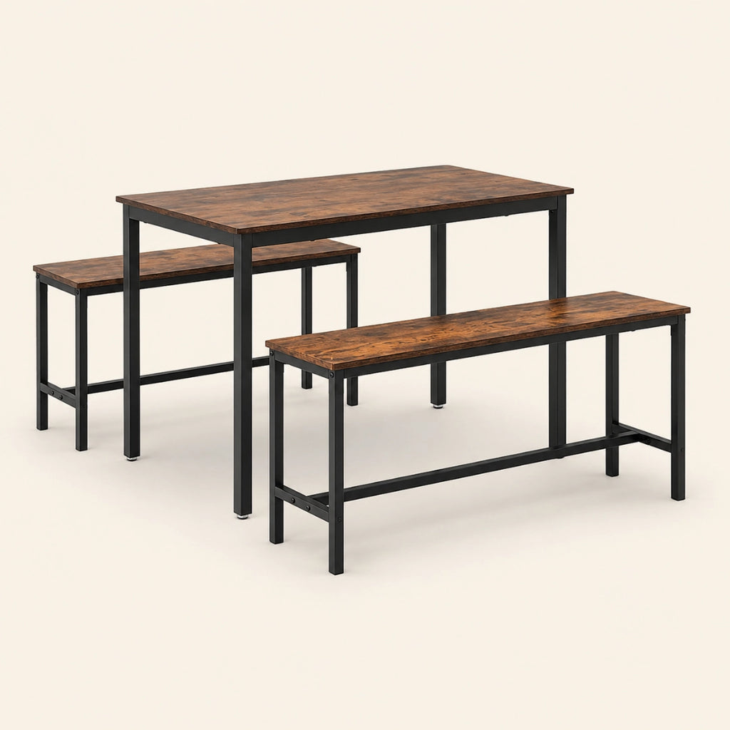 Ensemble Table & 2 Bancs 110 cm Style Industriel - Aggloméré Brun Rustique & Cadre Acier Noir | Gain de Place