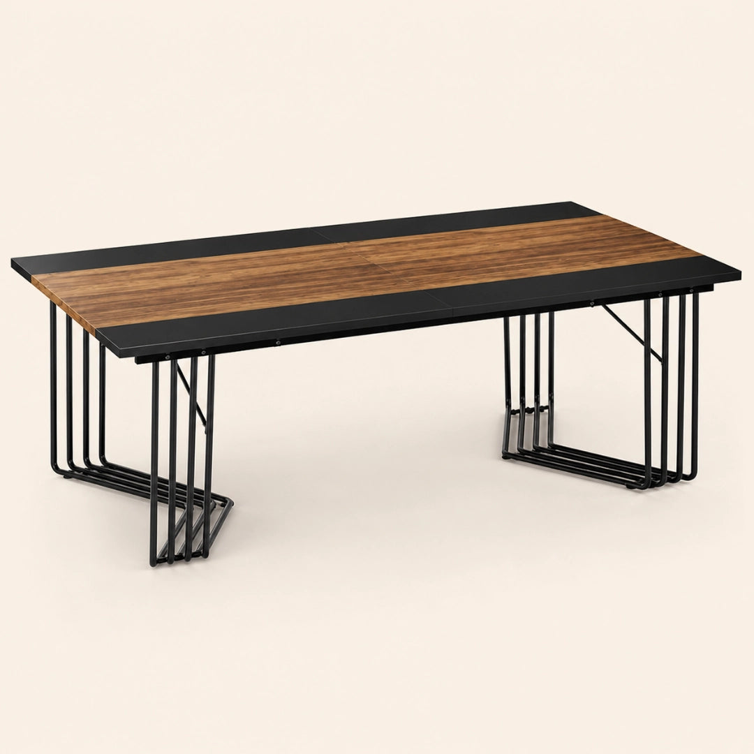 Grande Table Rectangulaire 200 cm Style Industriel - Plateau Bicolore Bois & Noir, Cadre Métal Barreaux | 8 à 10 Personnes