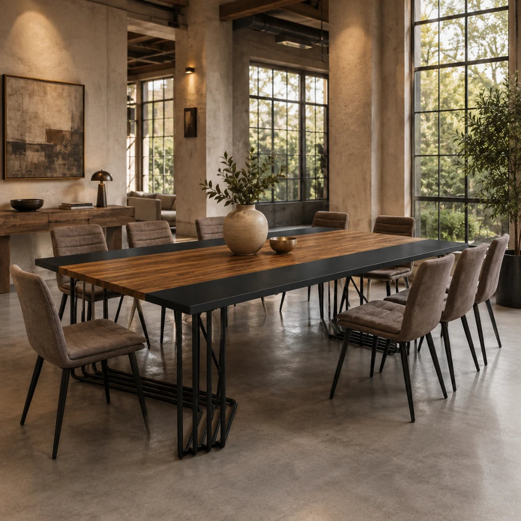Grande Table Rectangulaire 200 cm Style Industriel - Plateau Bicolore Bois & Noir, Cadre Métal Barreaux | 8 à 10 Personnes