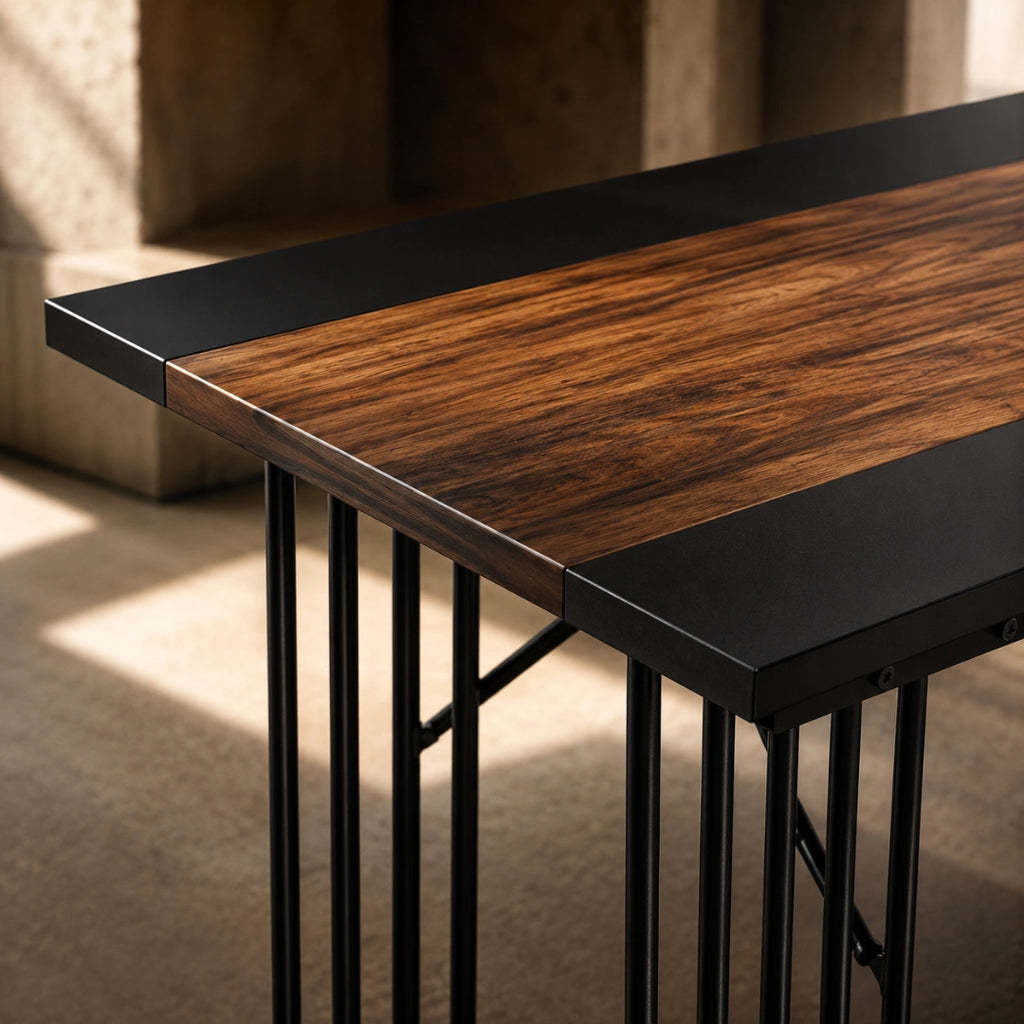 Grande Table Rectangulaire 200 cm Style Industriel - Plateau Bicolore Bois & Noir, Cadre Métal Barreaux | 8 à 10 Personnes