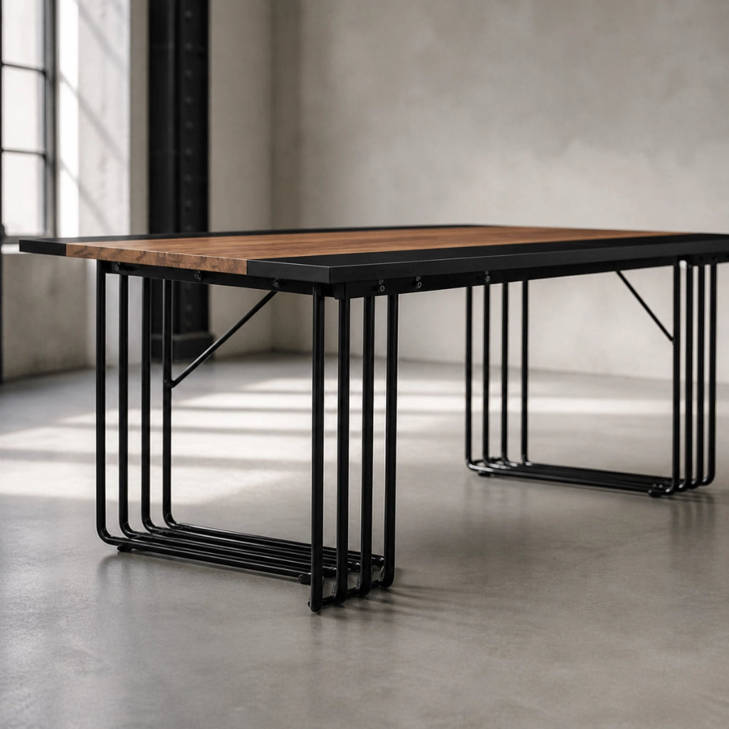 Grande Table Rectangulaire 200 cm Style Industriel - Plateau Bicolore Bois & Noir, Cadre Métal Barreaux | 8 à 10 Personnes