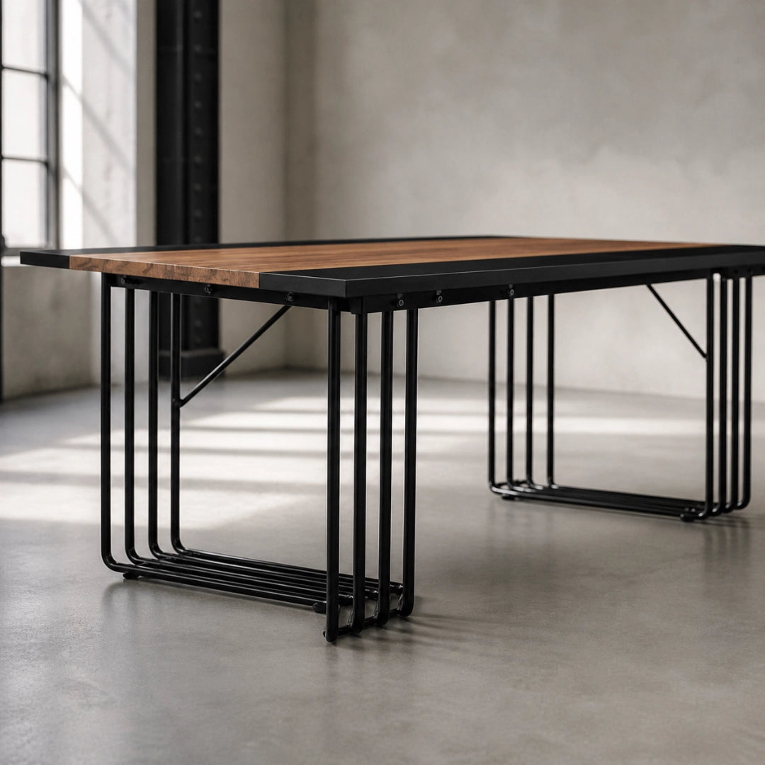 Grande Table Rectangulaire 200 cm Style Industriel - Plateau Bicolore Bois & Noir, Cadre Métal Barreaux | 8 à 10 Personnes