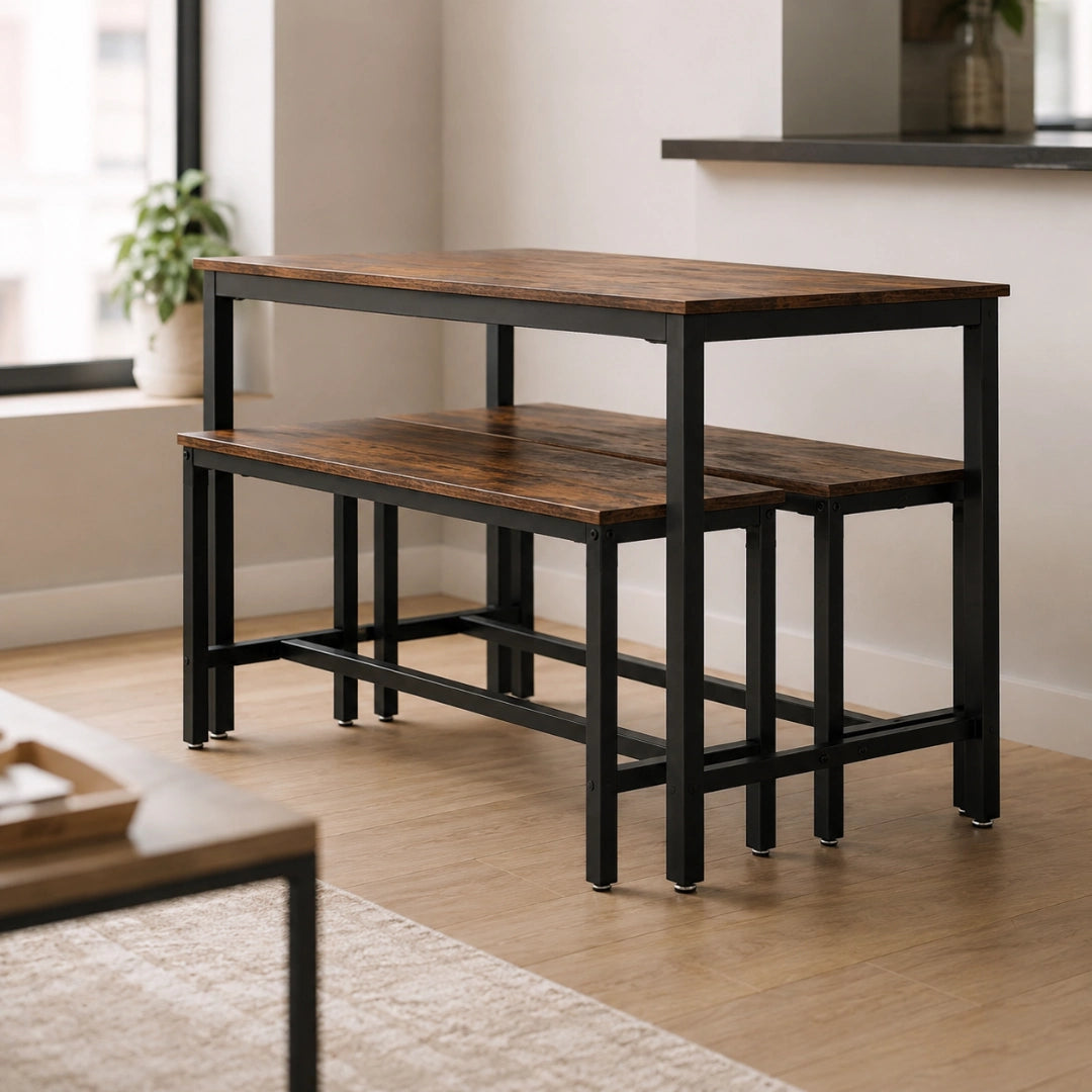 Ensemble Table & 2 Bancs 110 cm Style Industriel - Aggloméré Brun Rustique & Cadre Acier Noir | Gain de Place