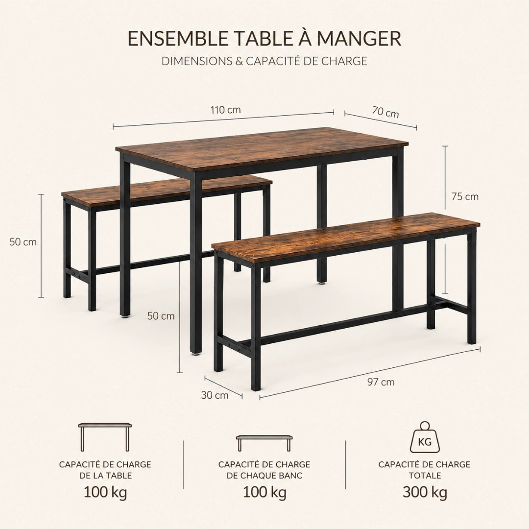 Ensemble Table & 2 Bancs 110 cm Style Industriel - Aggloméré Brun Rustique & Cadre Acier Noir | Gain de Place