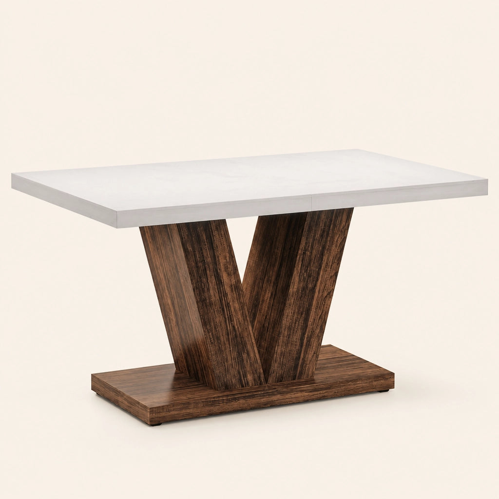 Table Rectangulaire 120 cm Blanc & Bois - Plateau Blanc & Socle en V Bois Foncé | 4 Personnes