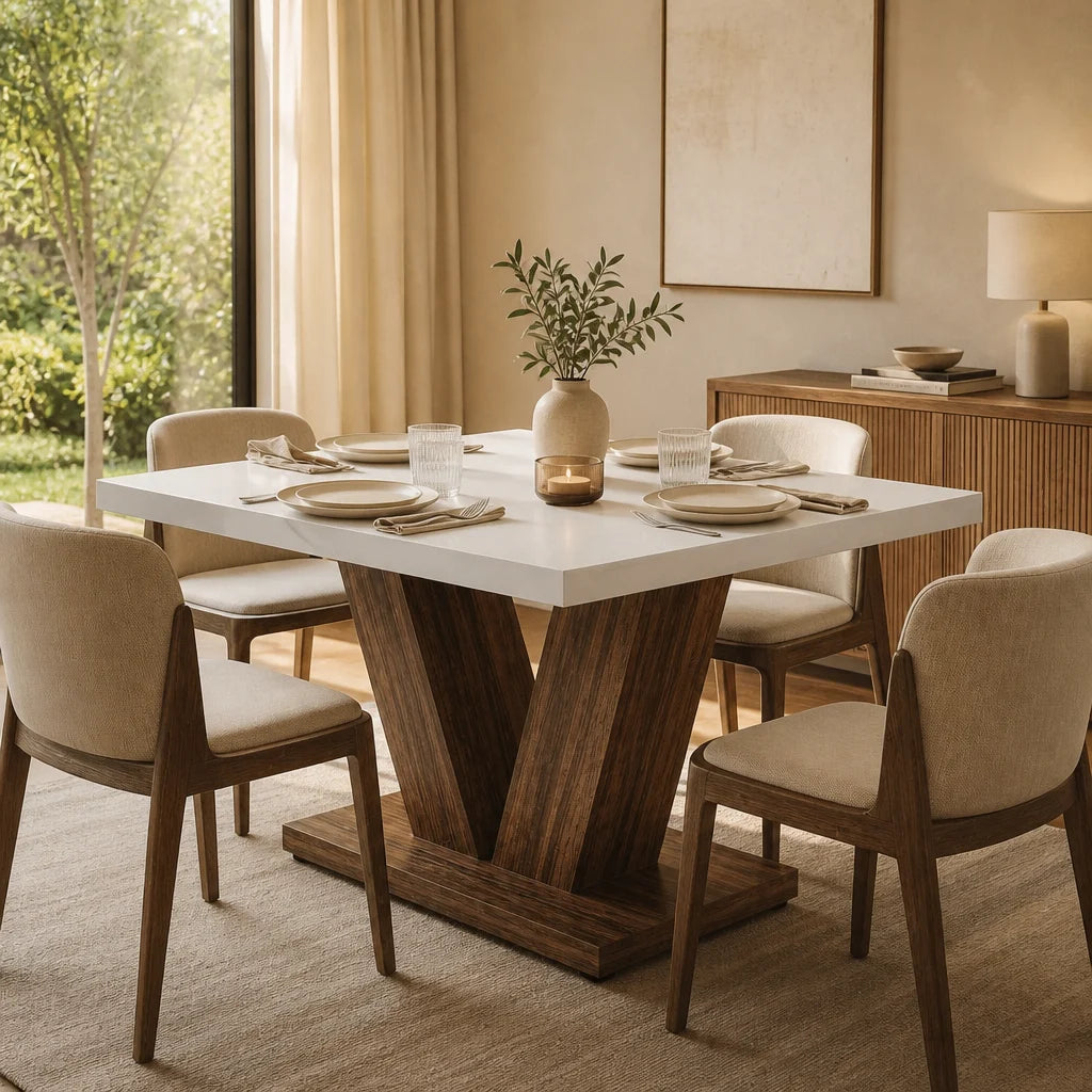 Table Rectangulaire 120 cm Blanc & Bois - Plateau Blanc & Socle en V Bois Foncé | 4 Personnes