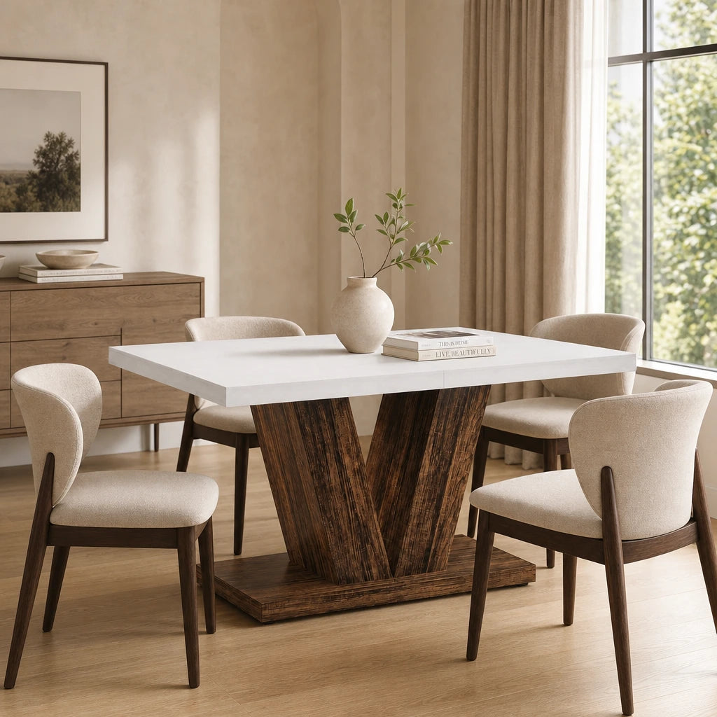 Table Rectangulaire 120 cm Blanc & Bois - Plateau Blanc & Socle en V Bois Foncé | 4 Personnes