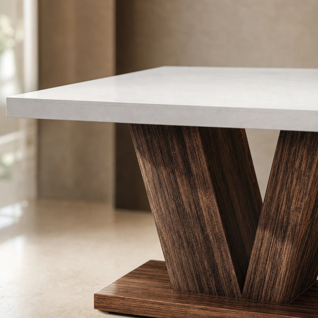 Table Rectangulaire 120 cm Blanc & Bois - Plateau Blanc & Socle en V Bois Foncé | 4 Personnes
