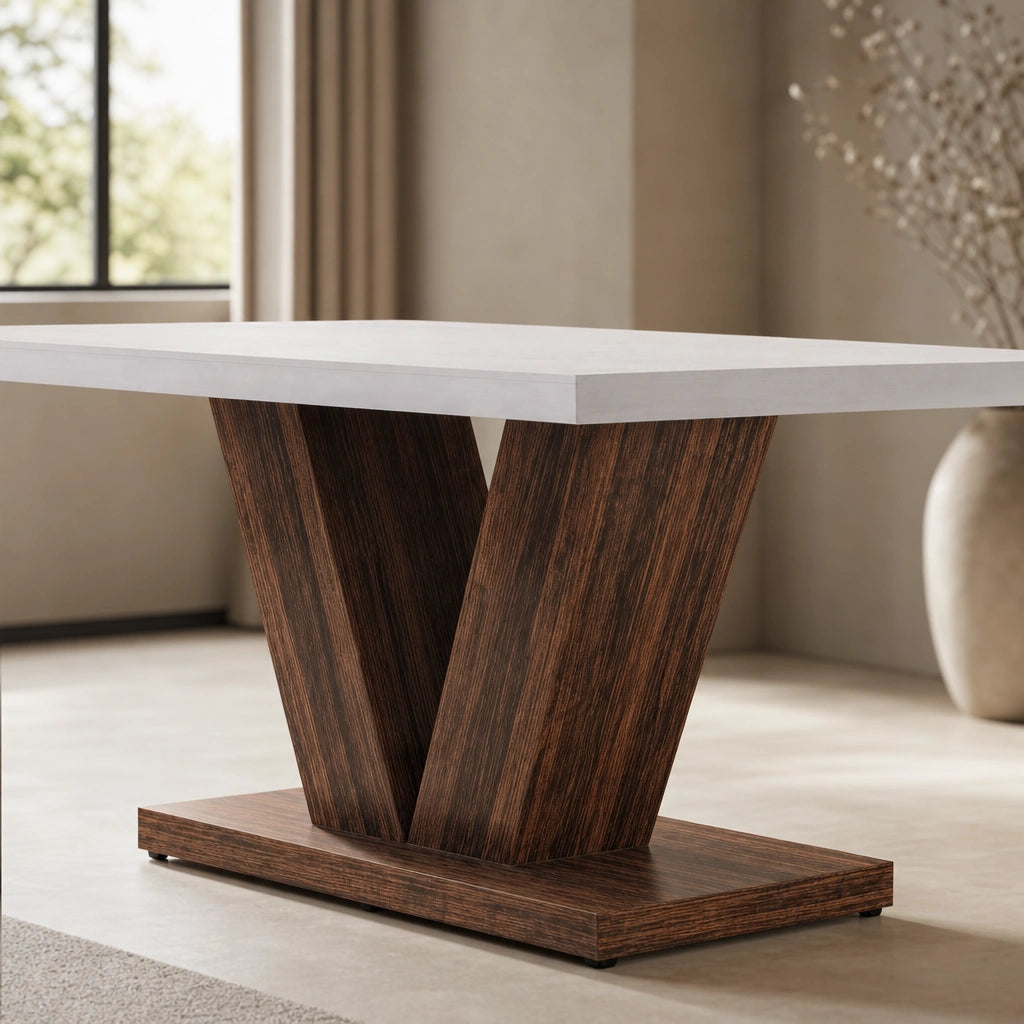 Table Rectangulaire 120 cm Blanc & Bois - Plateau Blanc & Socle en V Bois Foncé | 4 Personnes