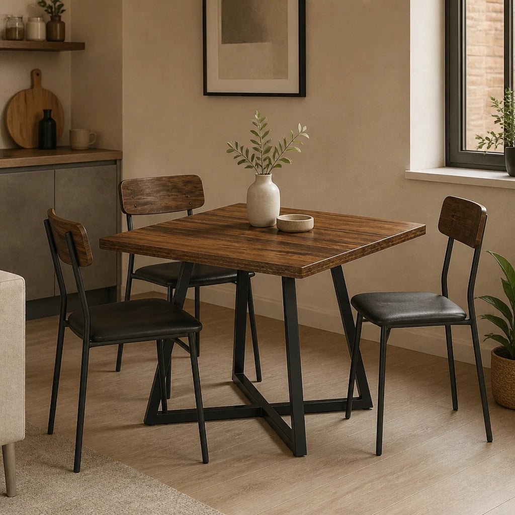 Table Carrée 80 cm Style Industriel - Plateau MDF Brun Rustique & Structure Acier Noir | 2 à 4 Personnes