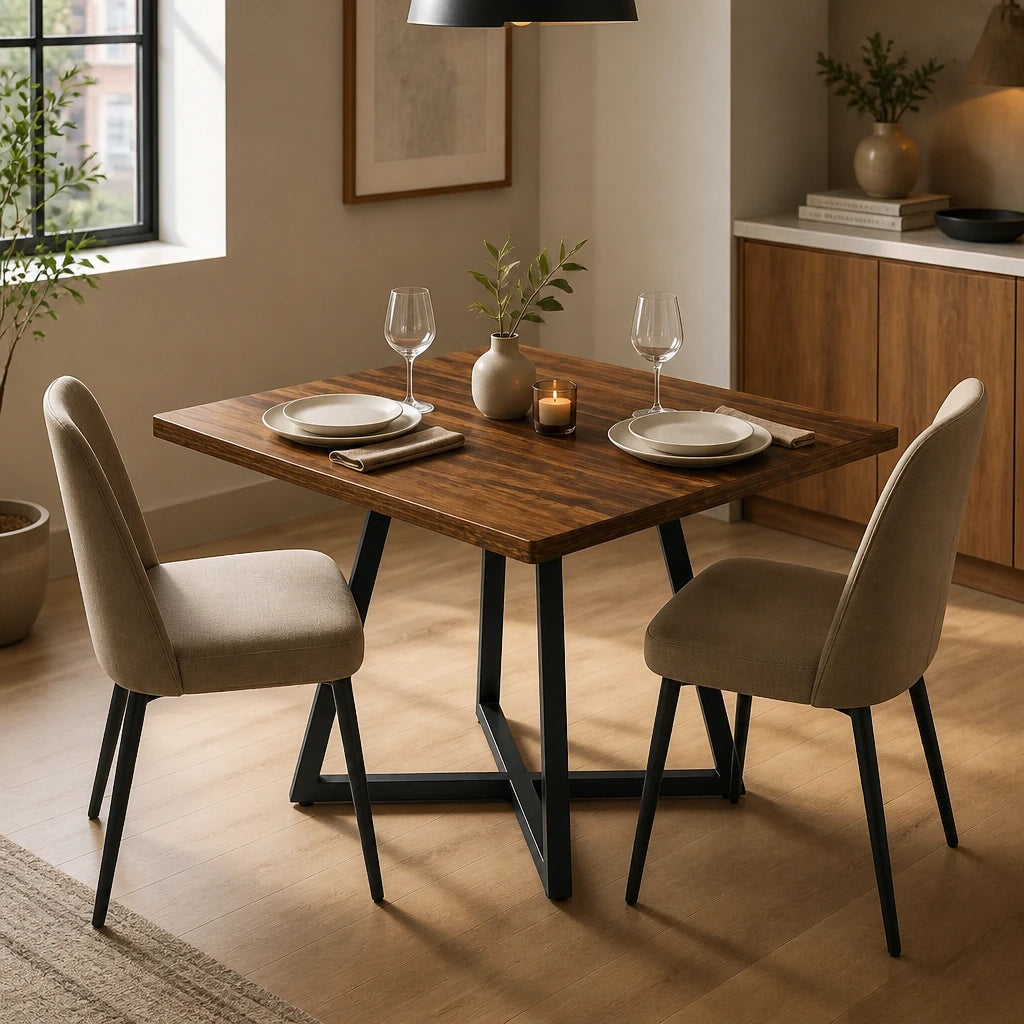 Table Carrée 80 cm Style Industriel - Plateau MDF Brun Rustique & Structure Acier Noir | 2 à 4 Personnes