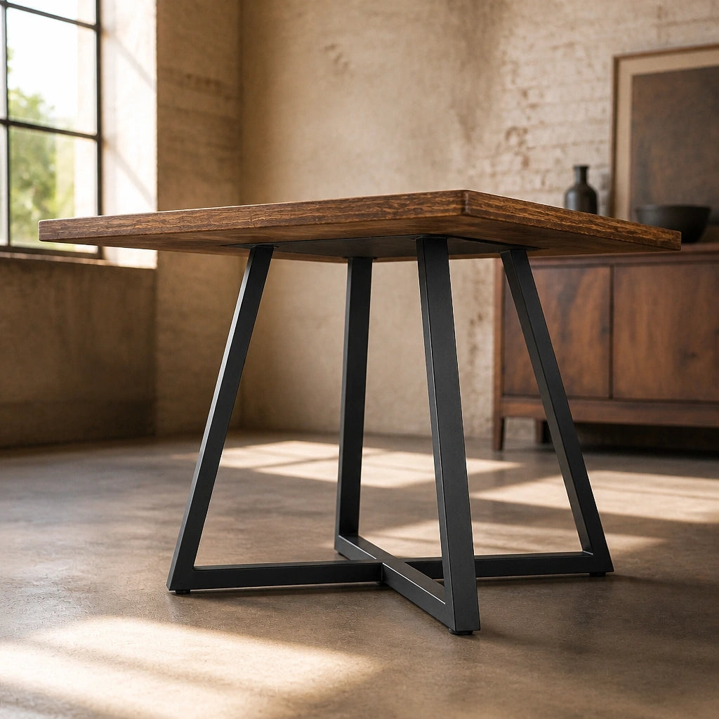 Table Carrée 80 cm Style Industriel - Plateau MDF Brun Rustique & Structure Acier Noir | 2 à 4 Personnes