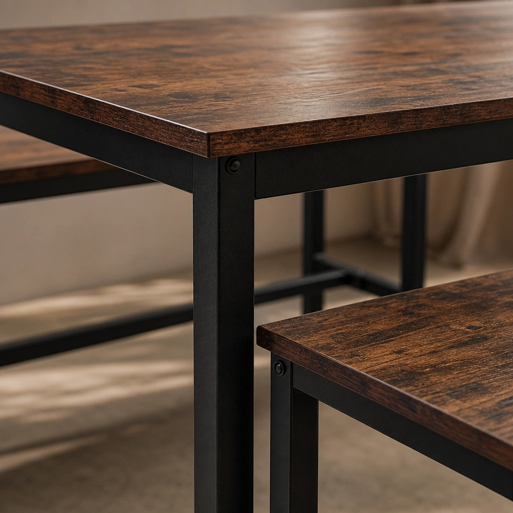 Ensemble Table & 2 Bancs 110 cm Style Industriel - Aggloméré Brun Rustique & Cadre Acier Noir | Gain de Place