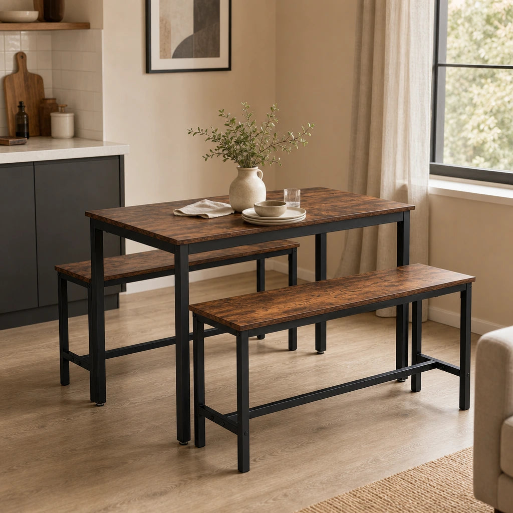 Ensemble Table & 2 Bancs 110 cm Style Industriel - Aggloméré Brun Rustique & Cadre Acier Noir | Gain de Place