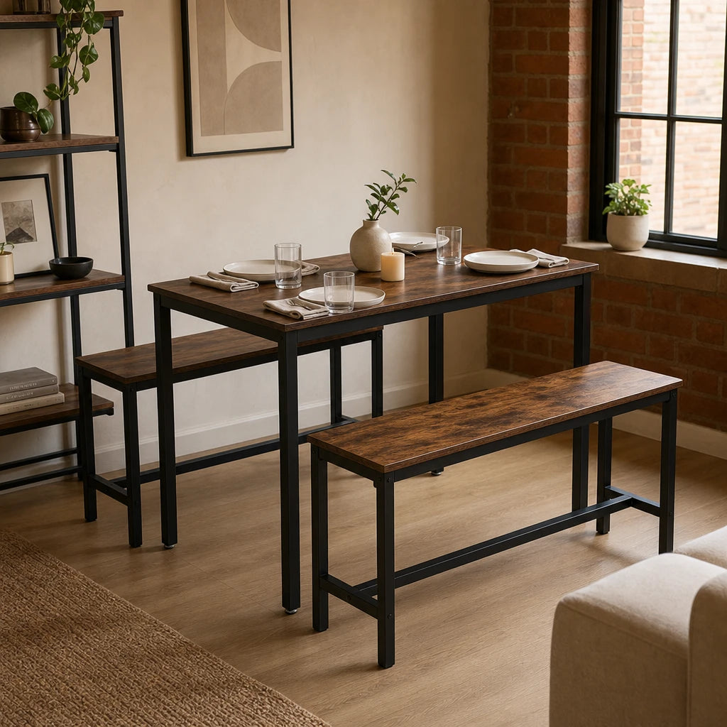 Ensemble Table & 2 Bancs 110 cm Style Industriel - Aggloméré Brun Rustique & Cadre Acier Noir | Gain de Place