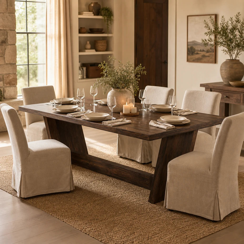 Grande Table Rectangulaire 180 cm Style Ferme - Tout Bois Massif, Finition Brun Foncé | 6 à 8 Personnes