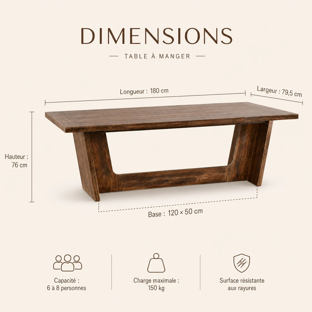 Grande Table Rectangulaire 180 cm Style Ferme - Tout Bois Massif, Finition Brun Foncé | 6 à 8 Personnes