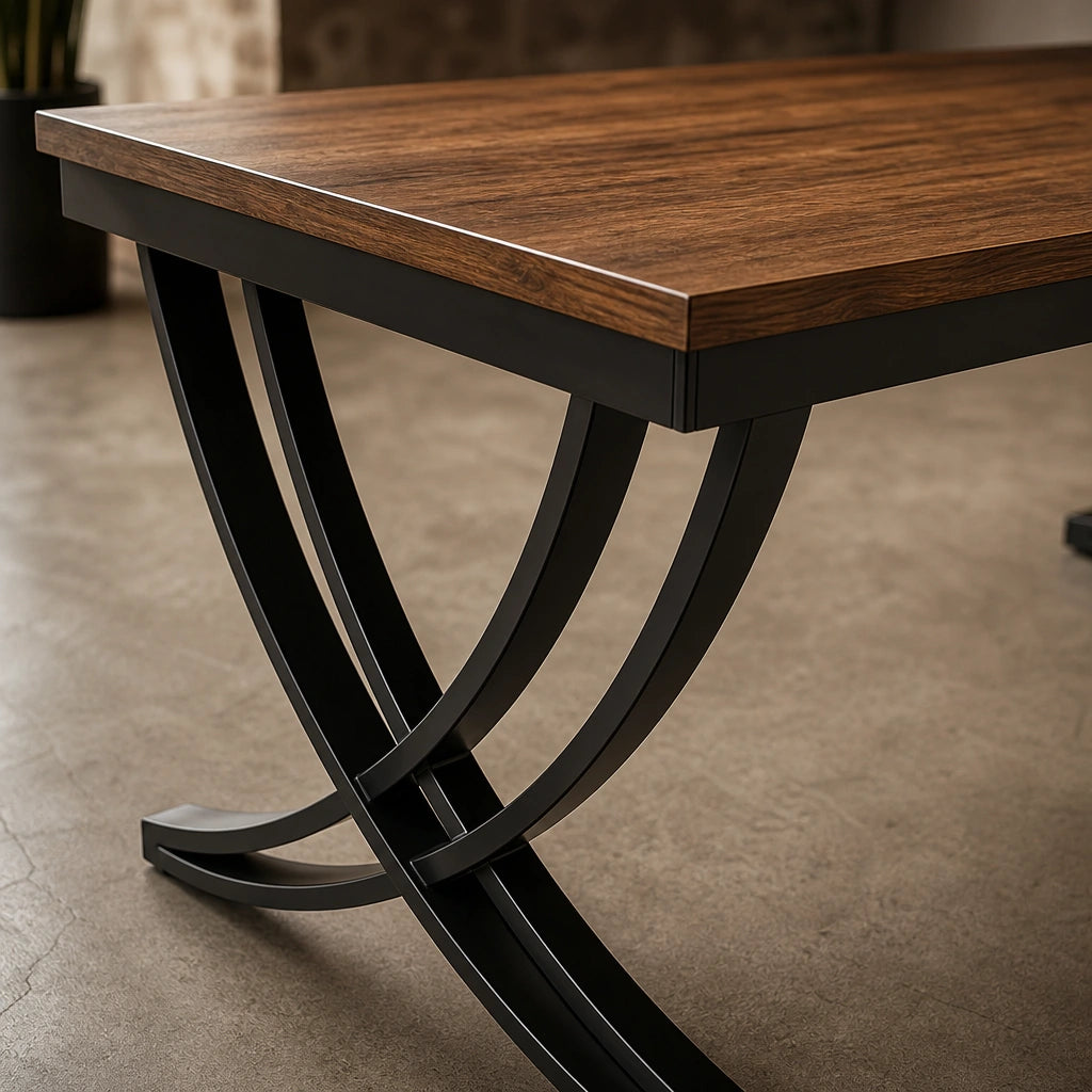 Grande Table Rectangulaire 200 cm Style Industriel - Plateau MDF Brun Rustique & Pieds Métal Arqués Noirs | 6 à 8 Personnes