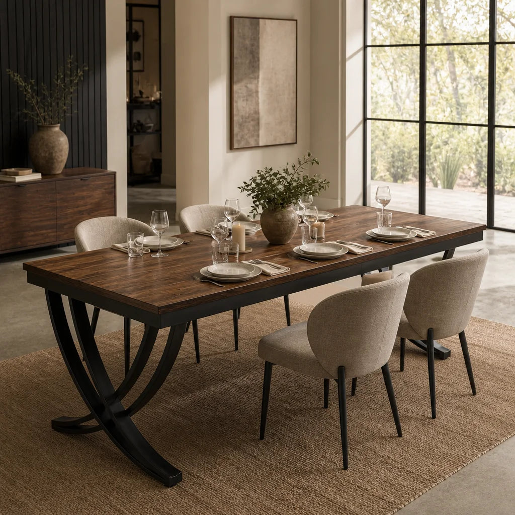 Grande Table Rectangulaire 200 cm Style Industriel - Plateau MDF Brun Rustique & Pieds Métal Arqués Noirs | 6 à 8 Personnes