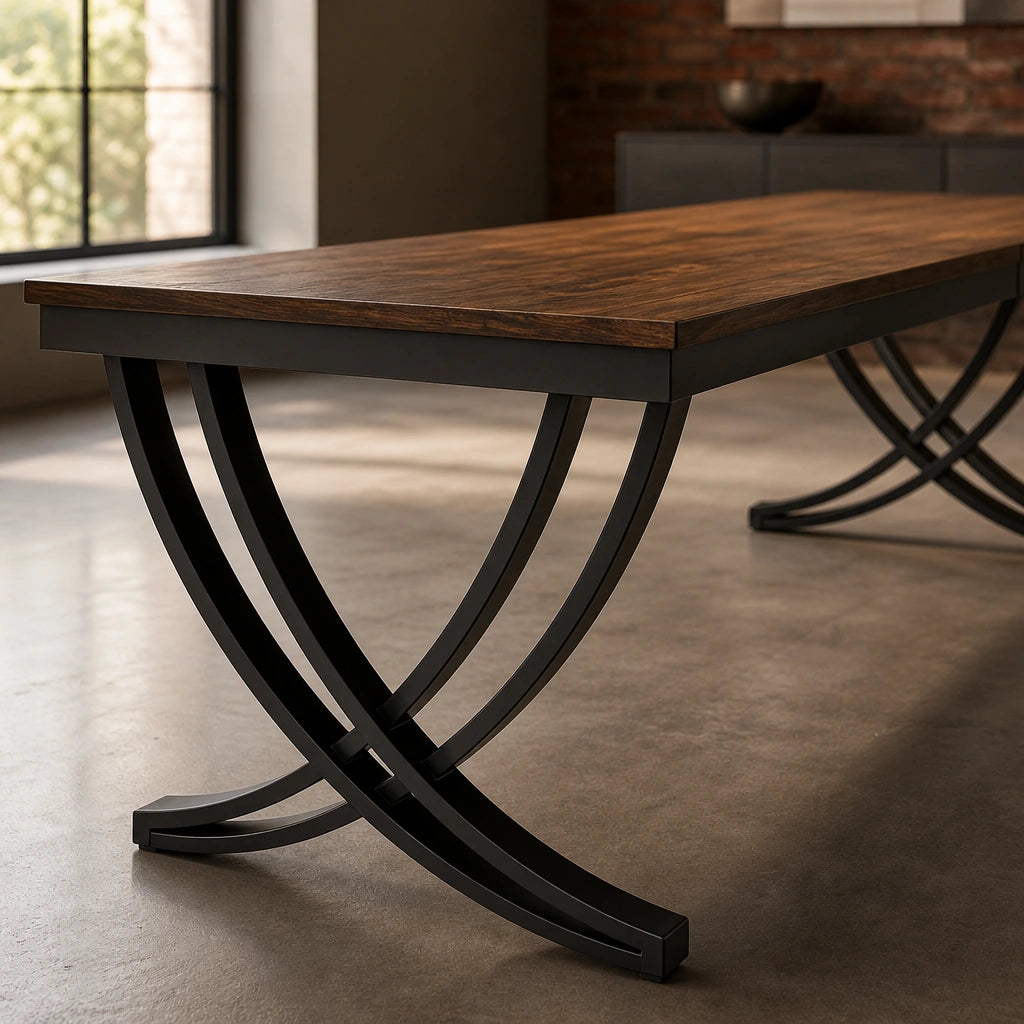 Grande Table Rectangulaire 200 cm Style Industriel - Plateau MDF Brun Rustique & Pieds Métal Arqués Noirs | 6 à 8 Personnes