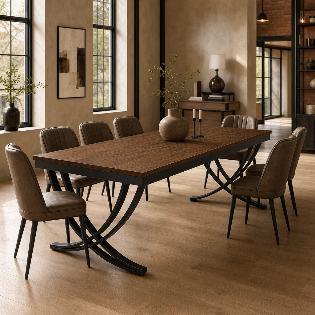 Grande Table Rectangulaire 200 cm Style Industriel - Plateau MDF Brun Rustique & Pieds Métal Arqués Noirs | 6 à 8 Personnes