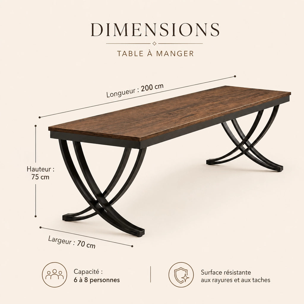 Grande Table Rectangulaire 200 cm Style Industriel - Plateau MDF Brun Rustique & Pieds Métal Arqués Noirs | 6 à 8 Personnes